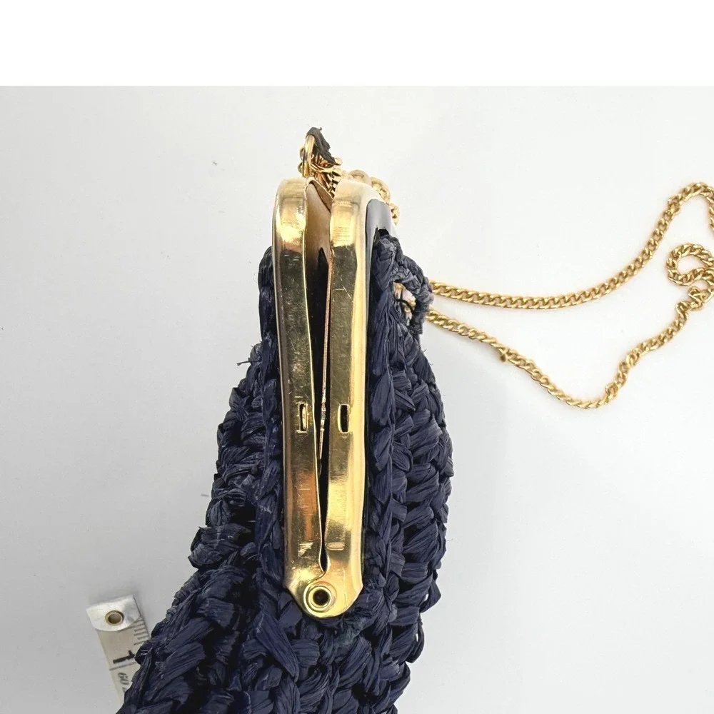 Vintage Walborg Navy Blue Raffia Crochet Kiss Lock Evening Bag Made in Italy